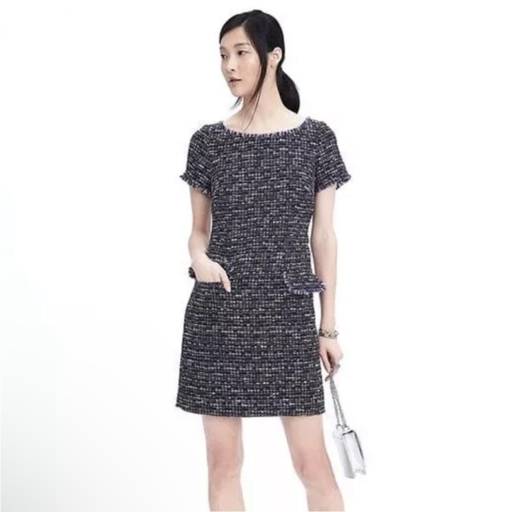 Banana Republic Black Blue Tweed Fringe Short Sleeve Wide Neck Shift Dress Sz 0